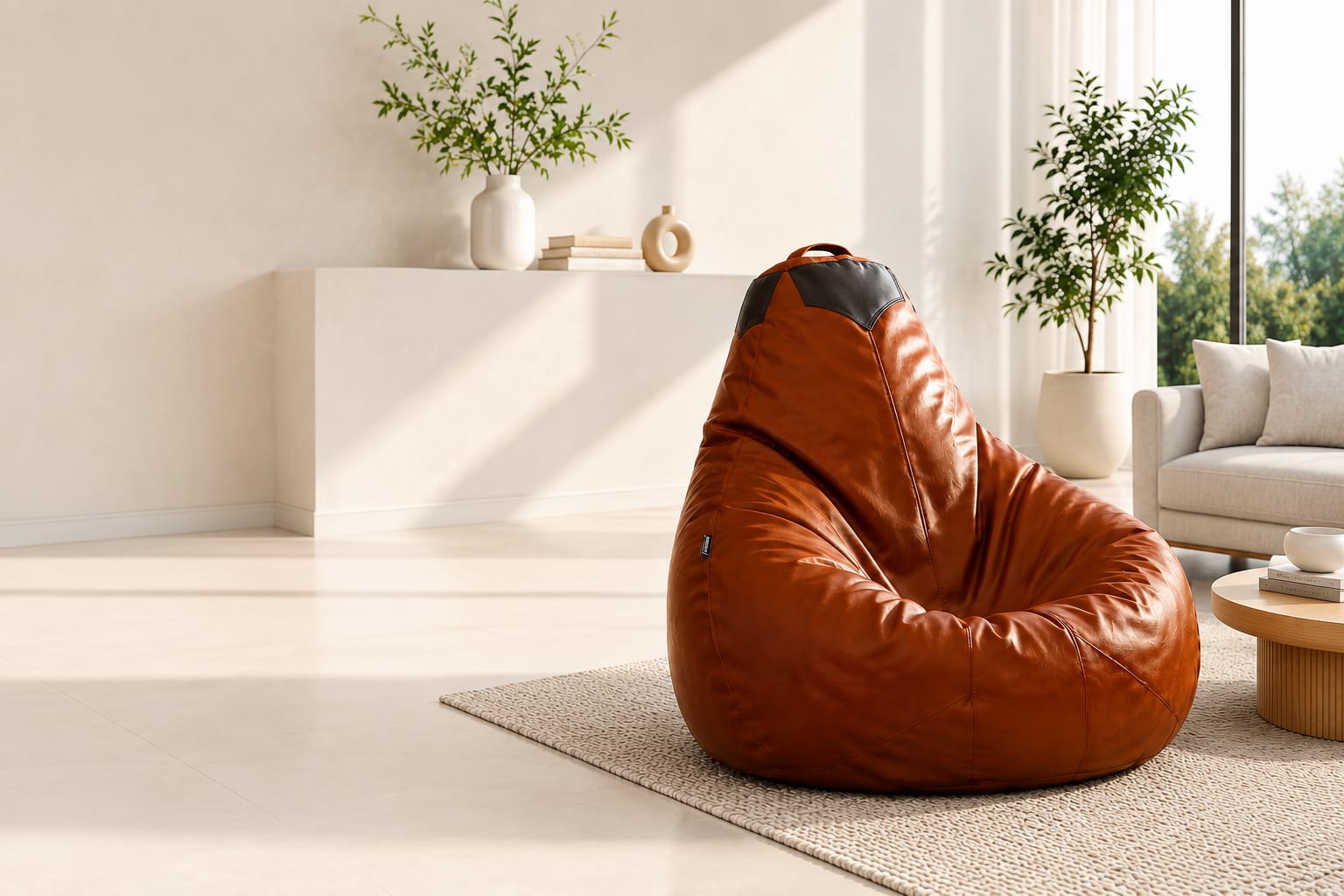 Underbean cognac leather bean bag in a living room setting